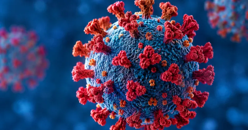 Imagen similar a un virus visto microscópicamente en color rojo y azul.jpg