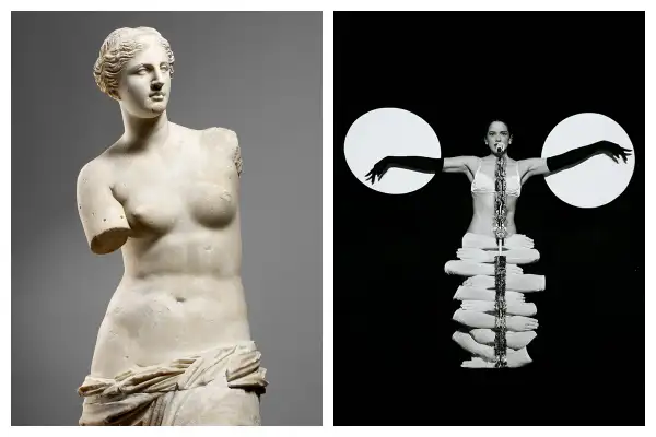 En esta imagen se compara la Venus del Milo con un momento en el concierto de Rosalía, cuando la interprete canta 'La Perla'. 