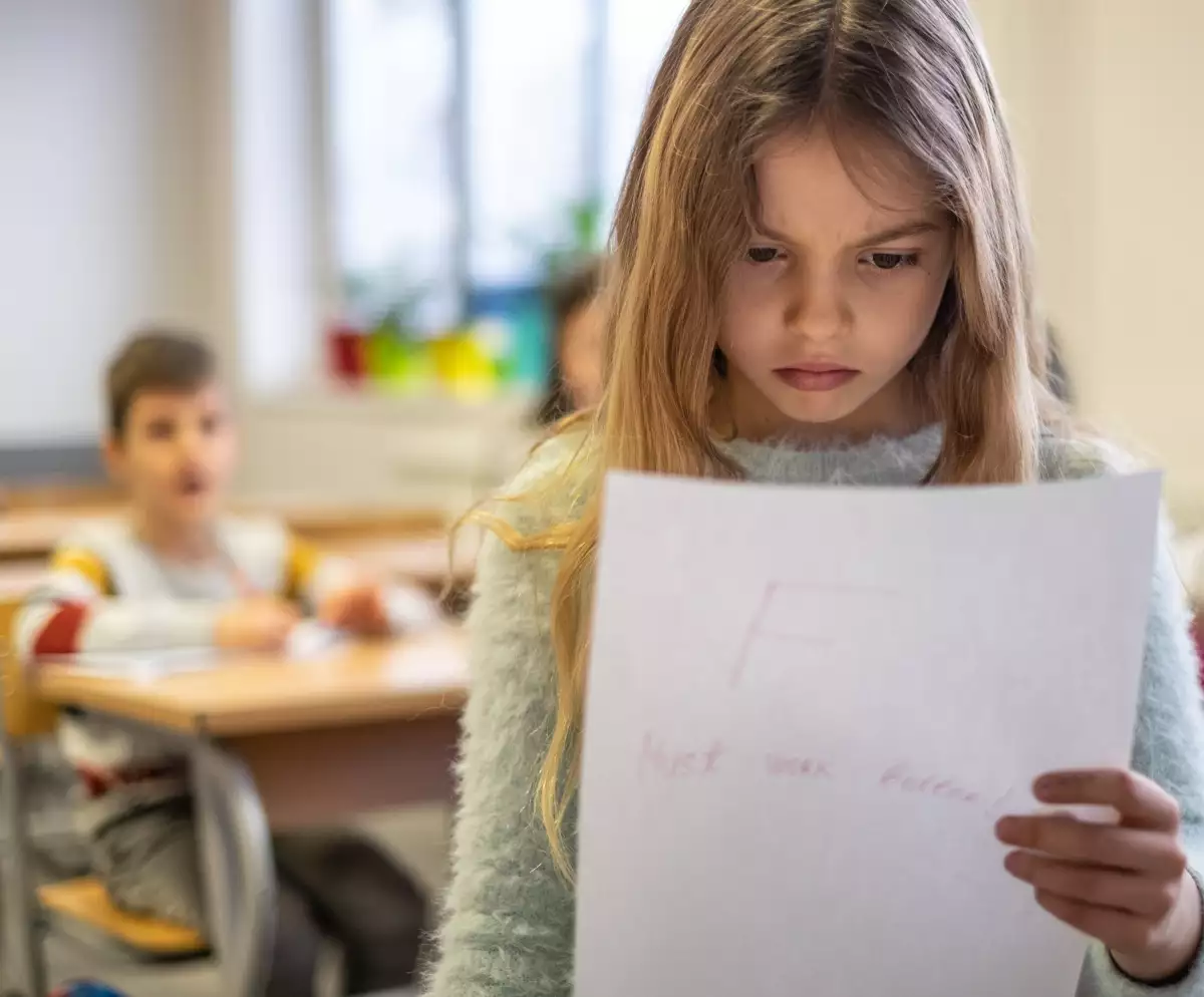 Beautiful schoolgirl is sad because bad grade