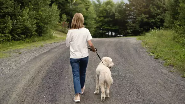 Mature woman walking her dog on country road in summer.