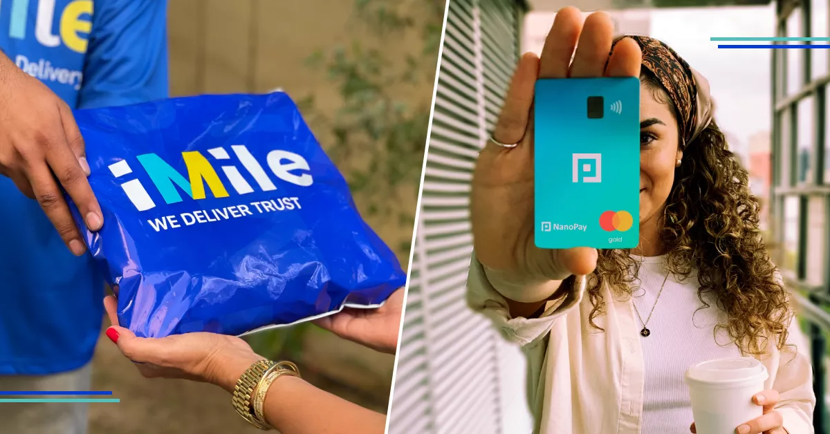 Mensajero de iMile entrega un paquete a una mujer que después muestra su tarjeta de crédito NanoPay