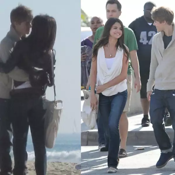 Selena Gomez de 18 años y Justin Bieber, de 16, compartiendo momentos románticos en la playa: se abrazaron, caminaron tomados de la mano, mirándose y sonriendo todo el tiempo.