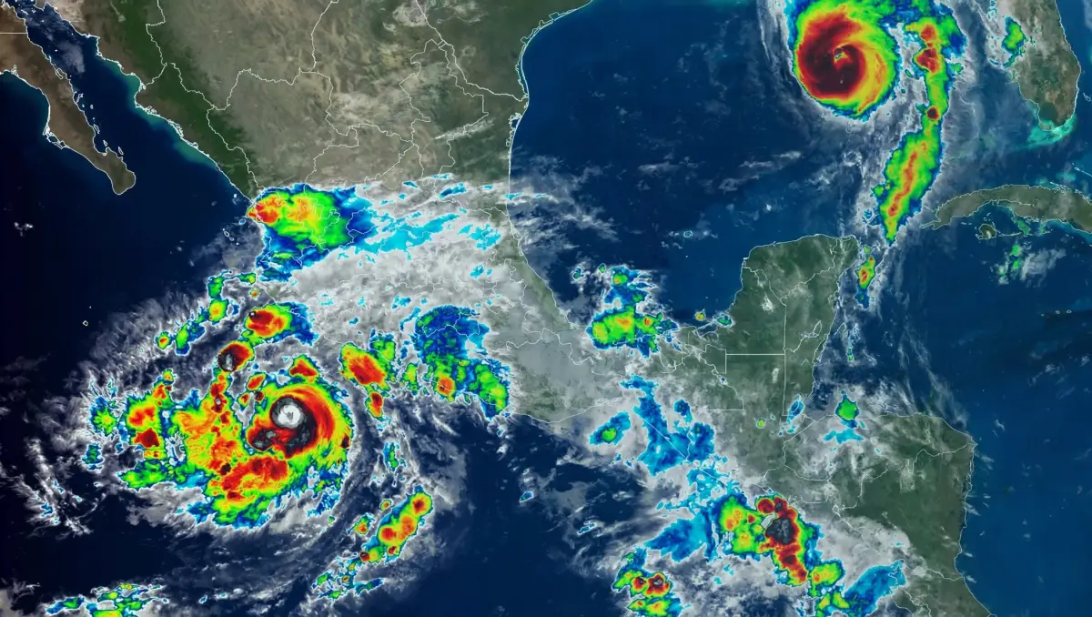 Mapa satelital del Huracán Simon Cat. 1 sobre el Pacífico mexicano el 9 de octubre de 2026.