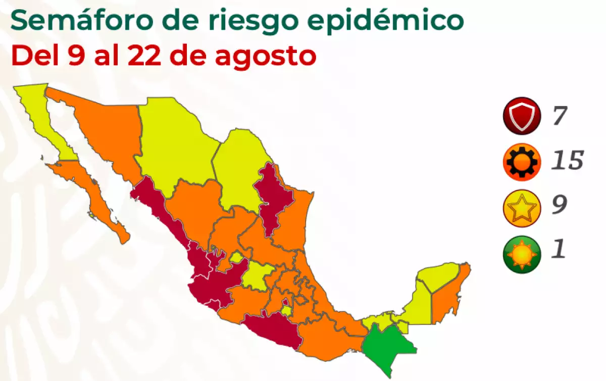 Mapa COVID México del 9 al 22 de agosto; la CDMX y seis estados más quedan en semáforo COVID rojo