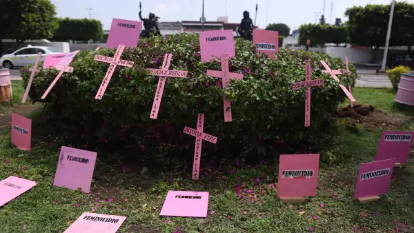 Cruces en color rosa en señal de protesta por feminicidios.