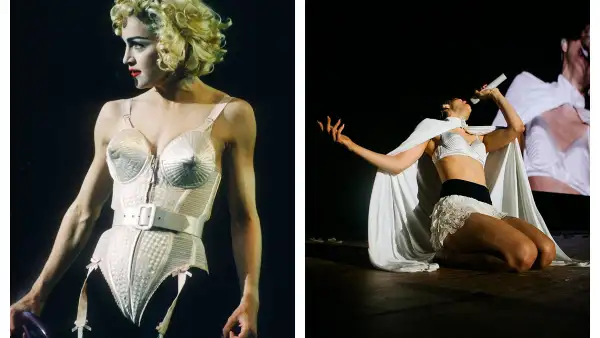 En esta imagen se compara a Madonna usando el bustier de Jean Paul Gaultier durante el Blond Ambition World Tour de 1990 y a Rosalía usando uno similar en el Lux Tour. 