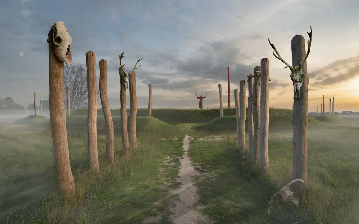 Una ilustración muestra lo que los investigadores creen que es el santuario similar a Stonehenge de 4.000 años de antigüedad que los arqueólogos han descubierto en Tiel, una ciudad en el centro de los Países Bajos, en esta imagen de limosna obtenida el 21 de junio de 2023.