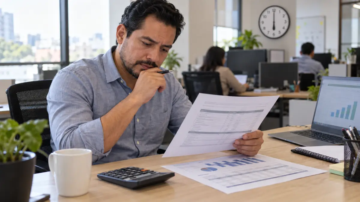 Trabajador revisa documentos de nómina junto a una calculadora y una computadora, con un reloj de pared al fondo.