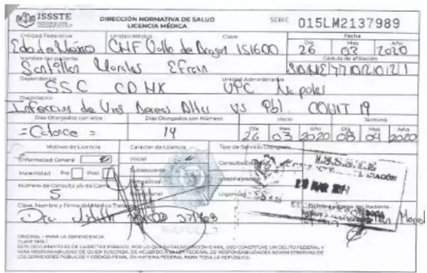 Esta fue la licencia médica que le fue expedida al agente Efrarín Morales, la cual cubre 14 días de incapacidad, del 26 de marzo al 8 de abril.