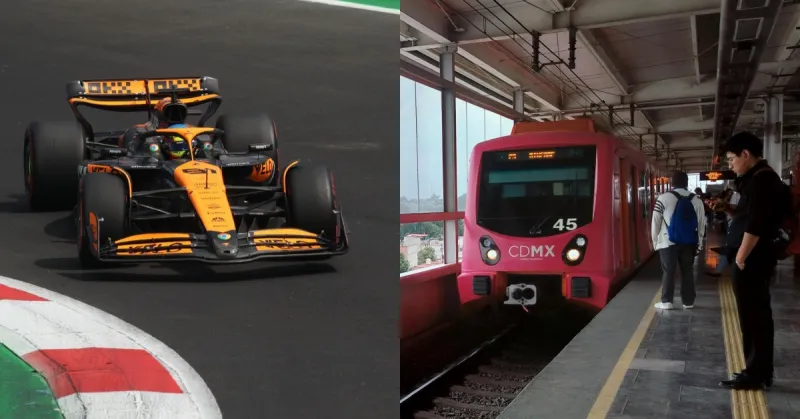 Un auto de Fórmula 1 a la izquierda y un tren llegando en el Metro de la CDMX a la derecha.