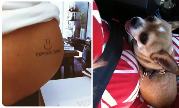 Aquí su pancita y en la foto de la izquierda vemos a Mila, su perrita.