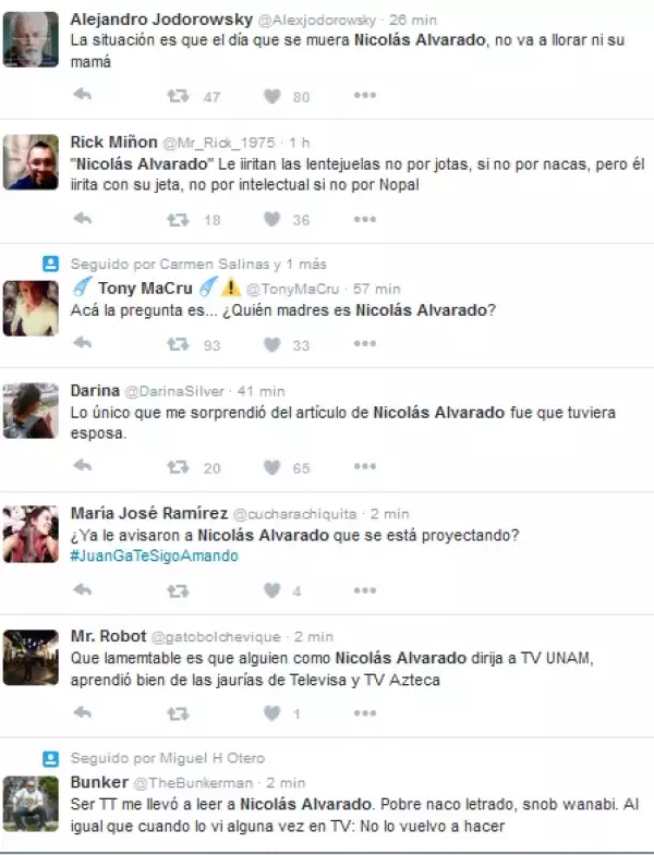 Estas fueron algunas de las reacciones en redes sociales ante la columna de Nicolás Alvarado.