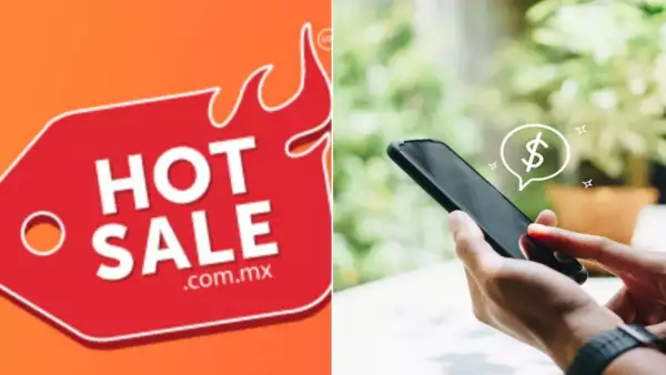 Estos son algunos celulares con oferta durante el Hot Sale 2022. (Del lado izquierdo el logo del Hot Sale 2022; del derecho, unas manos sosteniendo un smartphone). 