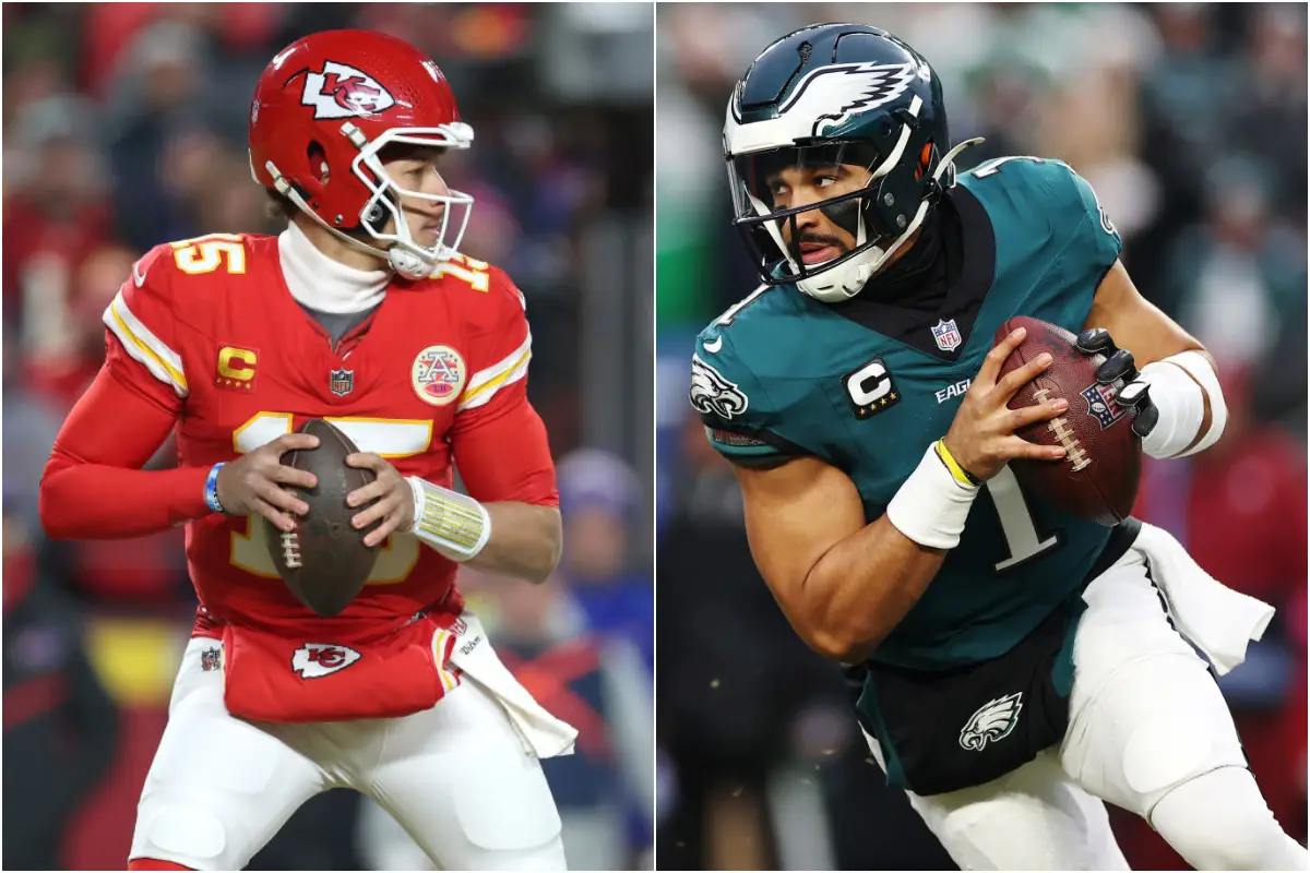 Foto collage de Patrick Mahomes (izquierda) con el balón en la mano y el uniforme de los Chiefs, y Jalen Hurts (derecha) corriendo por el campo con el balón en la mano.