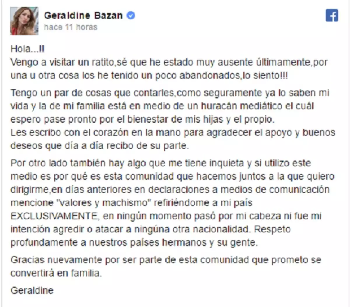 Esto fue lo que publicó a través de Facebook.