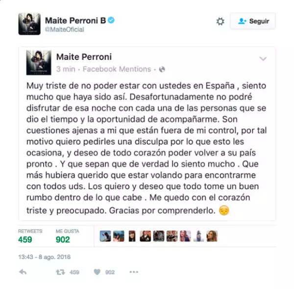 Este fue el comunicado que Maite publicó en sus redes sociales.