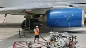 Un avión comercial estacionado en la plataforma de un aeropuerto mientras trabajadores realizan el abastecimiento de turbosina mediante una manguera conectada a un equipo especializado. La operación se lleva a cabo bajo el ala de la aeronave, junto al motor y el tren de aterrizaje, con equipos y señalizaciones de seguridad para prevenir riesgos durante el suministro de combustible.
