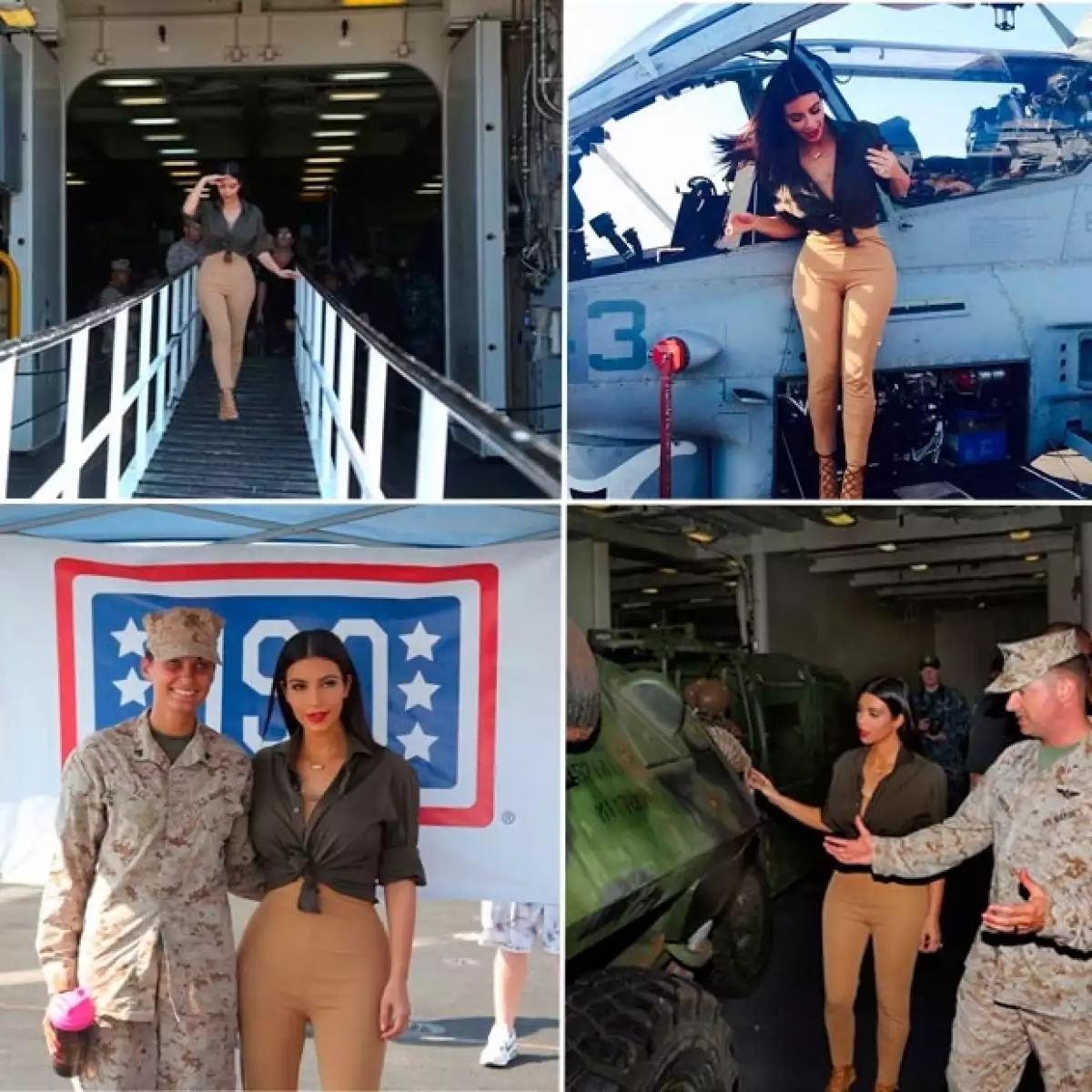 Kim recorrió las instalaciones y se fotografía con aeronaves de guerra.