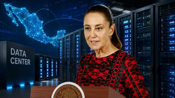 Claudia Sheinbaum durante una mañanera. De fondo, un data center y un mapa de la República Mexicana en tonos azules. 