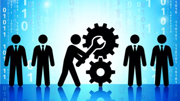 Business Transformation on Binary Code Blue Background