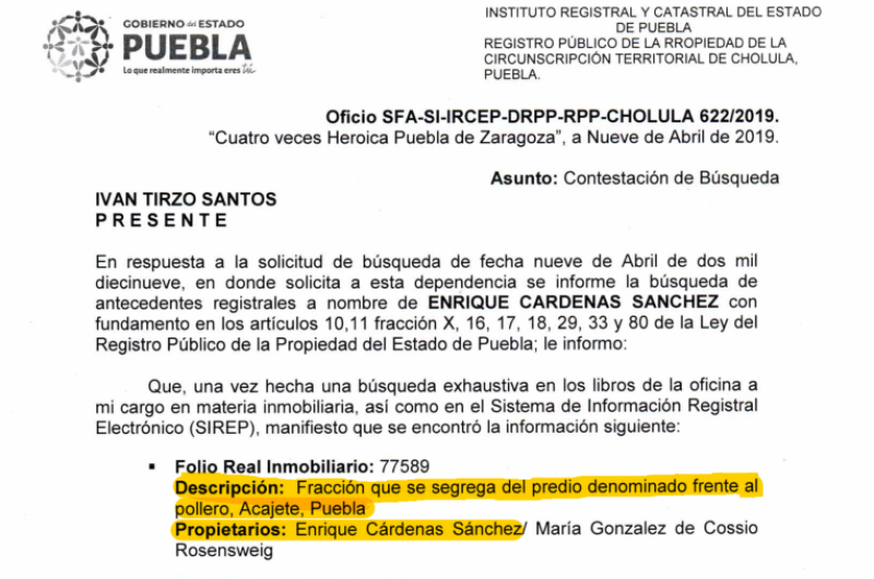 Solicitud de información al RPP de Puebla