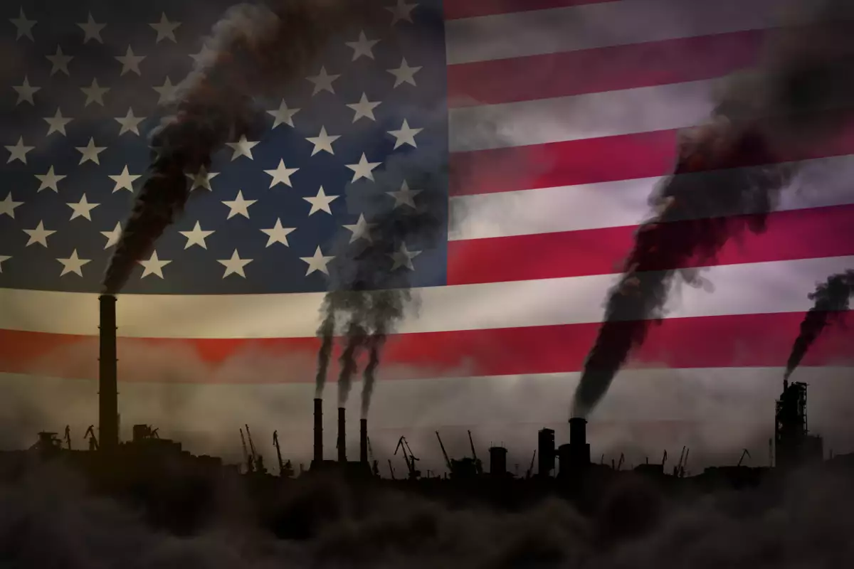 Dark pollution, fight against climate change concept - industrial 3D illustration of factory chimneys dense smoke on USA flag background