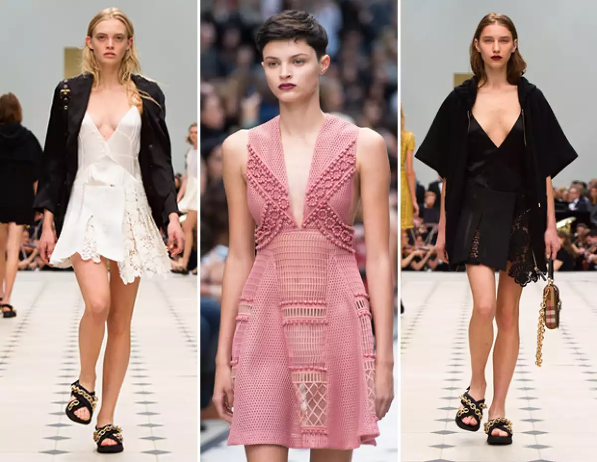 Burberry presento varias piezas con escotes en V. Los materiales mas recurrentes fueron las mallas y el encaje macrame.