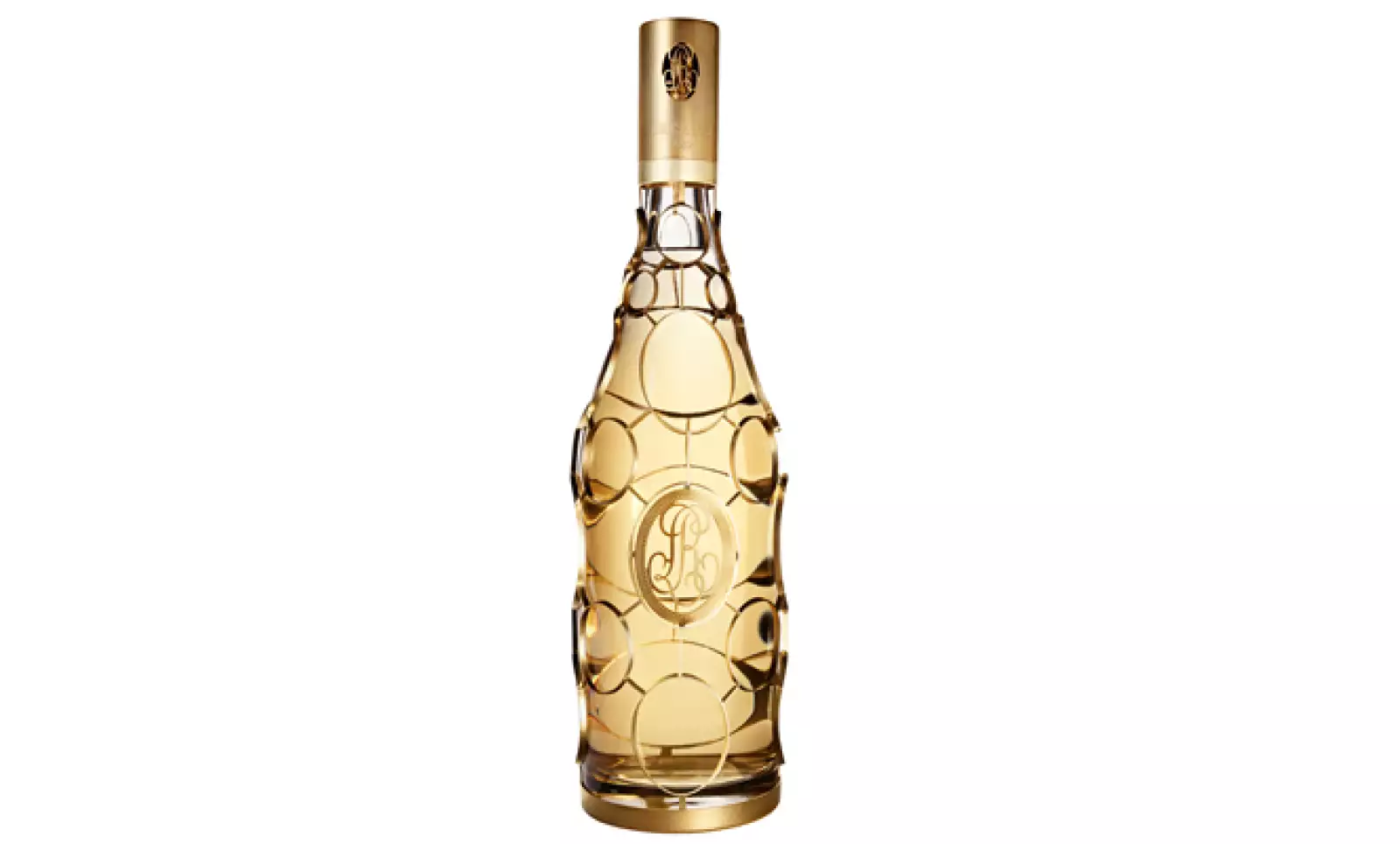 En la botella de cristal destaca el entramado de oro de 24 quilates y el emblemático medallón con el sello Louis Roederer.