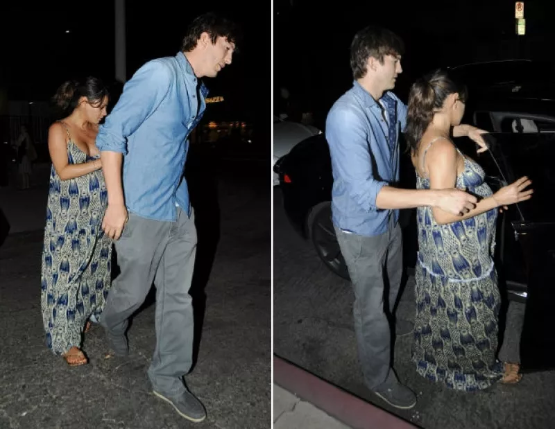 La actriz y su prometido Ashton Kutcher acudieron a cenar a un restaurante en Los Ángeles, donde Mila mostró que está muy próxima a estrenarse como mamá.