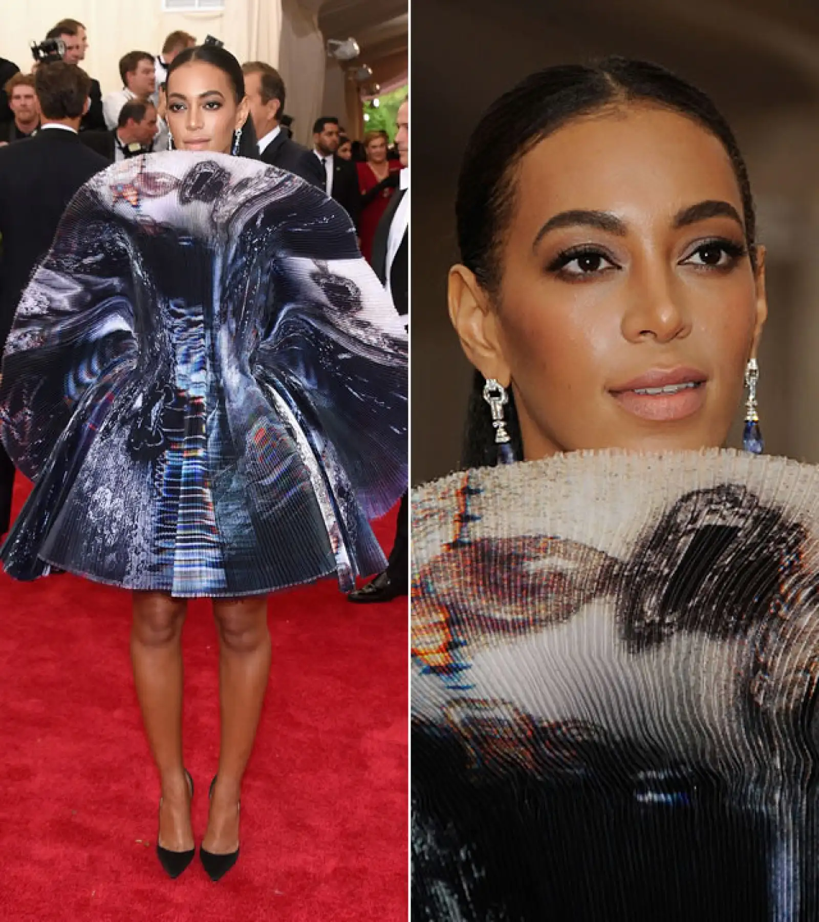 Met Gala 2015: Impactó a todos con un vestido tipo abanico de Giles otoño 2015. Cambió su conocido afro por el pelo lacio peinado hacia atrás y nude lips.