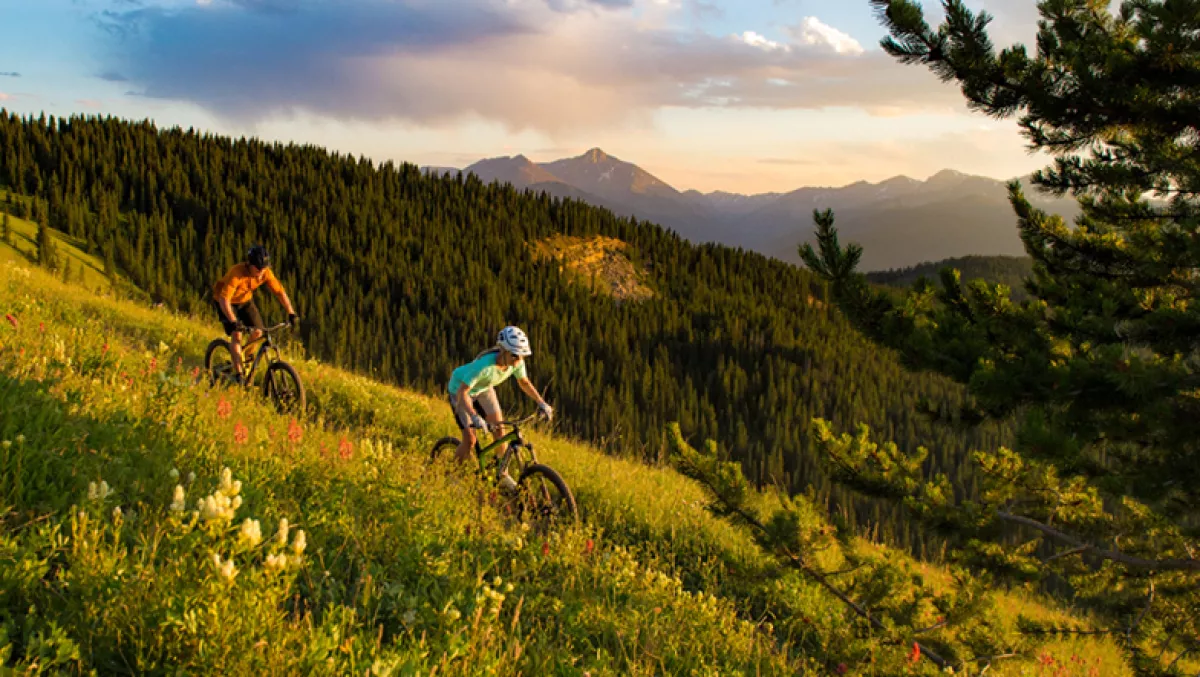 Foto de visitantes a los parques nacionales de Vail descendiendo el bosque en bicicleta de montaña por los senderos del lugar.