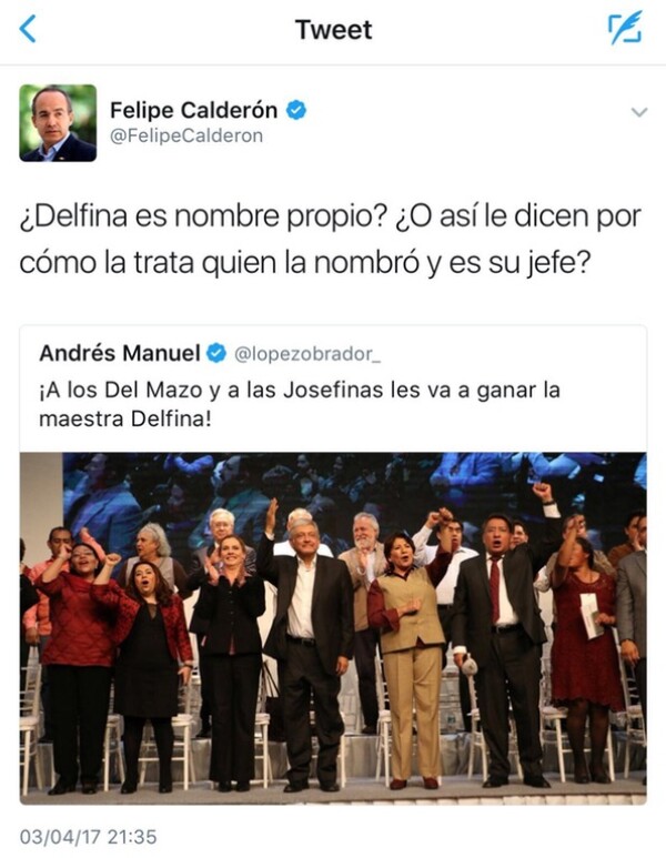 Felipe Calderón borró comentario hacia la candidata de MORENA, Delfina Gómez.