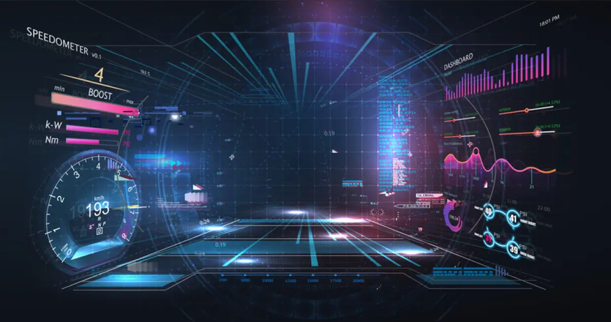 Pantalla futurista con panel de datos, velocímetro y estadísticas.