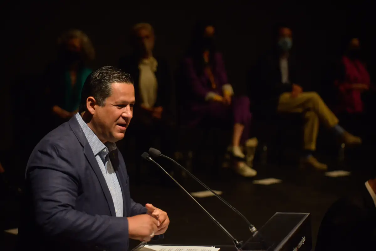 Diego Sinhue Rodríguez, gobernador de Guanajuato, durante la presentación de la edición 50 del Festival Internacional Cervantino, la cual tendrá como invitado internacional a la República de Corea, y la Ciudad de México como nacional.