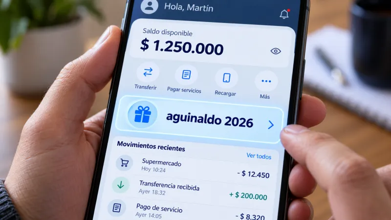Pantalla de un celular con una app bancaria abierta y una notificación resaltada que dice “aguinaldo 2026”.