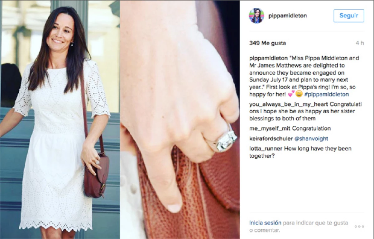 La hermana de Kate Middleton luce una joya de cuatro quilates, cuyo valor ronda los 4 millones de pesos.