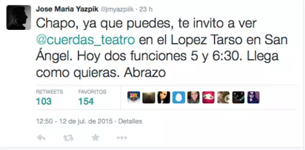 El actor José María Yazpik hasta invitó al narcotraficante a verlo actuar a su obra Cuerdas, ahora que está libre.