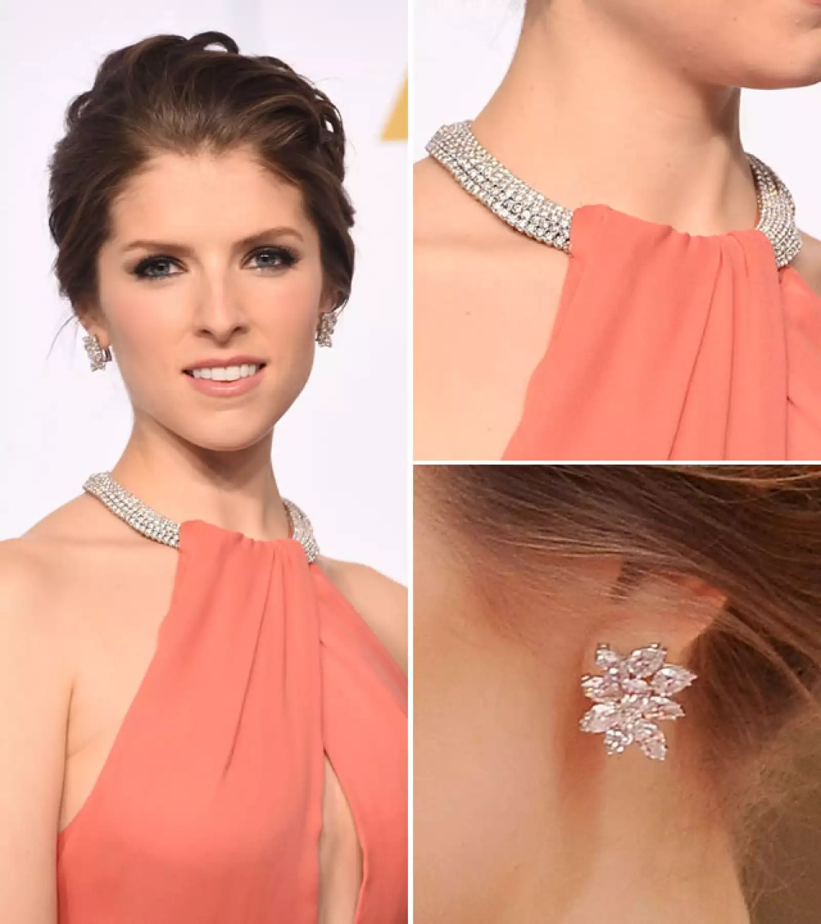 El collar de Norman Silverman que usó Anna Kendrick de 5 filas, contenía diamantes en forma de pera de 13k. El collar fue incluído dentro del diseño del vestido.