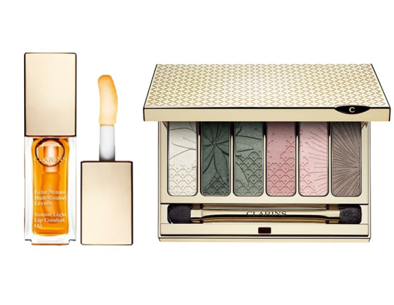 Aceite de labios Eclat Minute Huile Confort Lèvres, $290; tiendas departamentales. Paleta de sombras Yeux 6 Coleurs Longue Tenue, $610; tiendas departamentales.