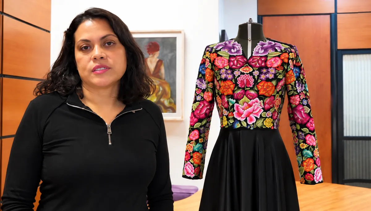 Thelma Islas posa junto a un vestido negro con flores bordadas de colores, similar al diseño que utilizó Claudia Sheinbaum durante el Grito de Independencia.