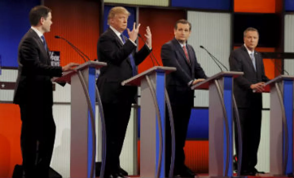 Aspirantes republicanos en el debate, de izquierda a derecha: Marco Rubio, Donald Trump, Ted Cruz y John Kasich. (Foto: Reuters)