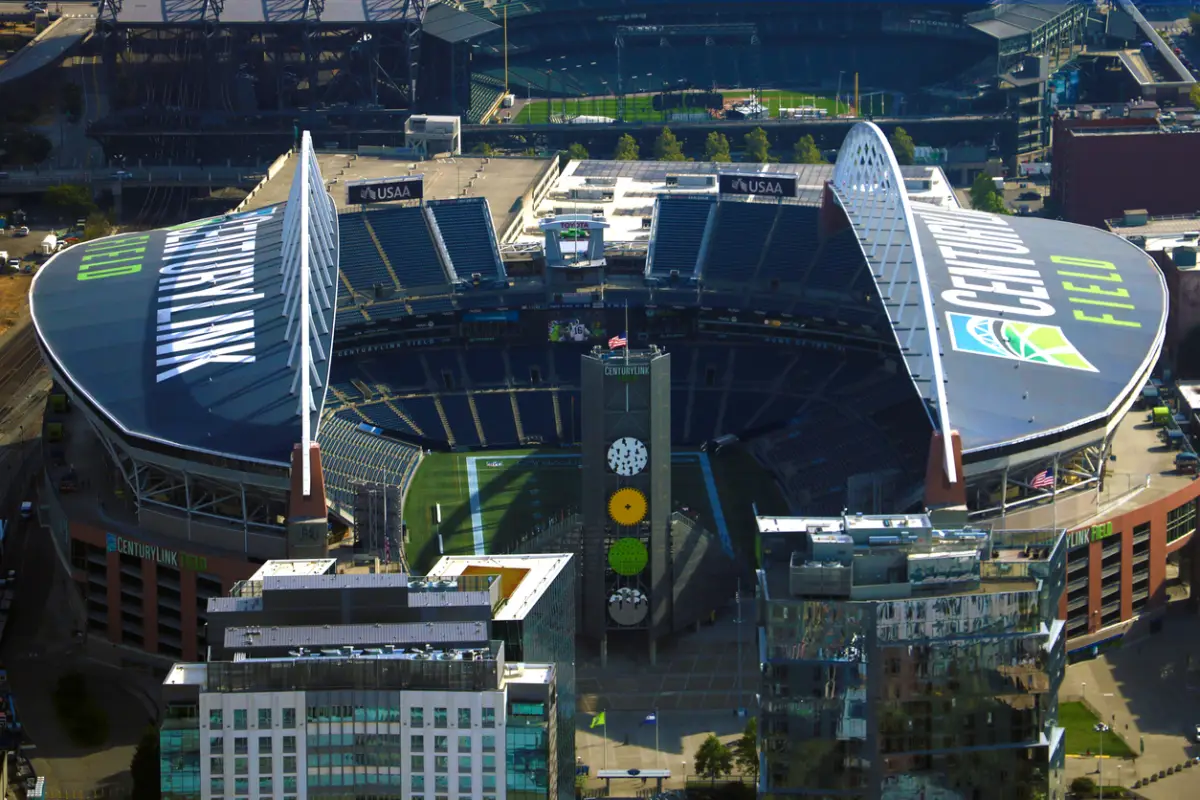 Aerial view of the CenturyLink Field and the Safeco Field, the main stadiums of Seattle.