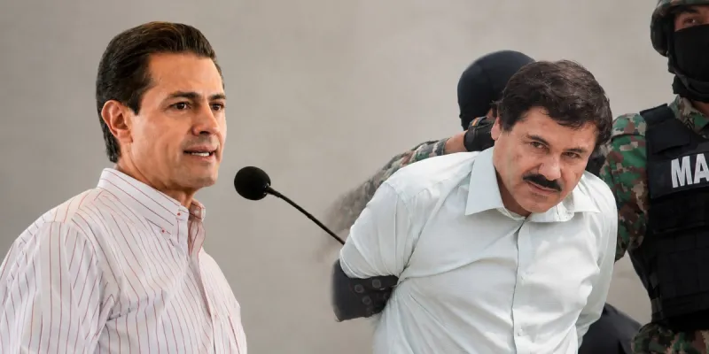 Del lado izquierdo, el expresidente Enrique Peña Nieto frente a un micrófono; del lado derecho, una imagen del Chapo Guzmán con bigote y una camisa tras su última recaptura. 