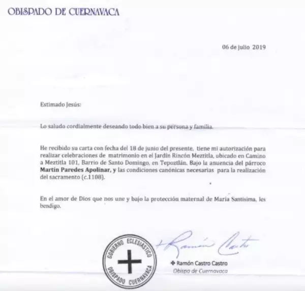 AUTORIZACIÓN OBISPADO CUERNAVACA (Cortesía: Denise Romero Avilés.)