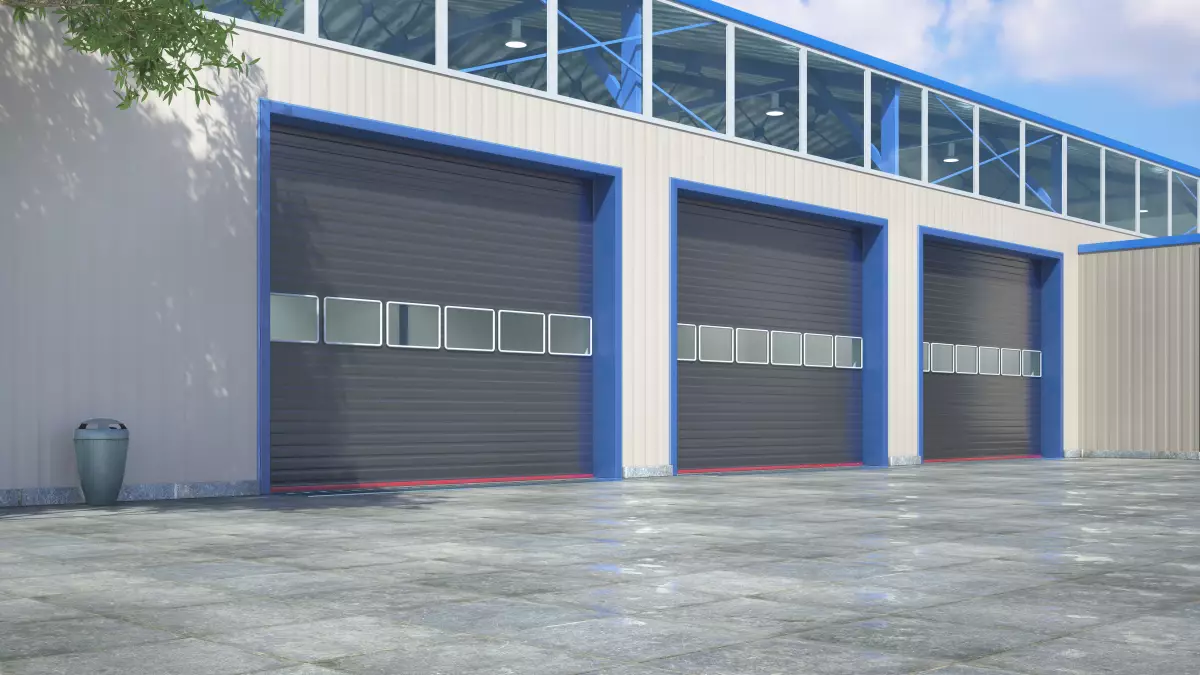 Hangar exterior with rolling gates. 3d illustration