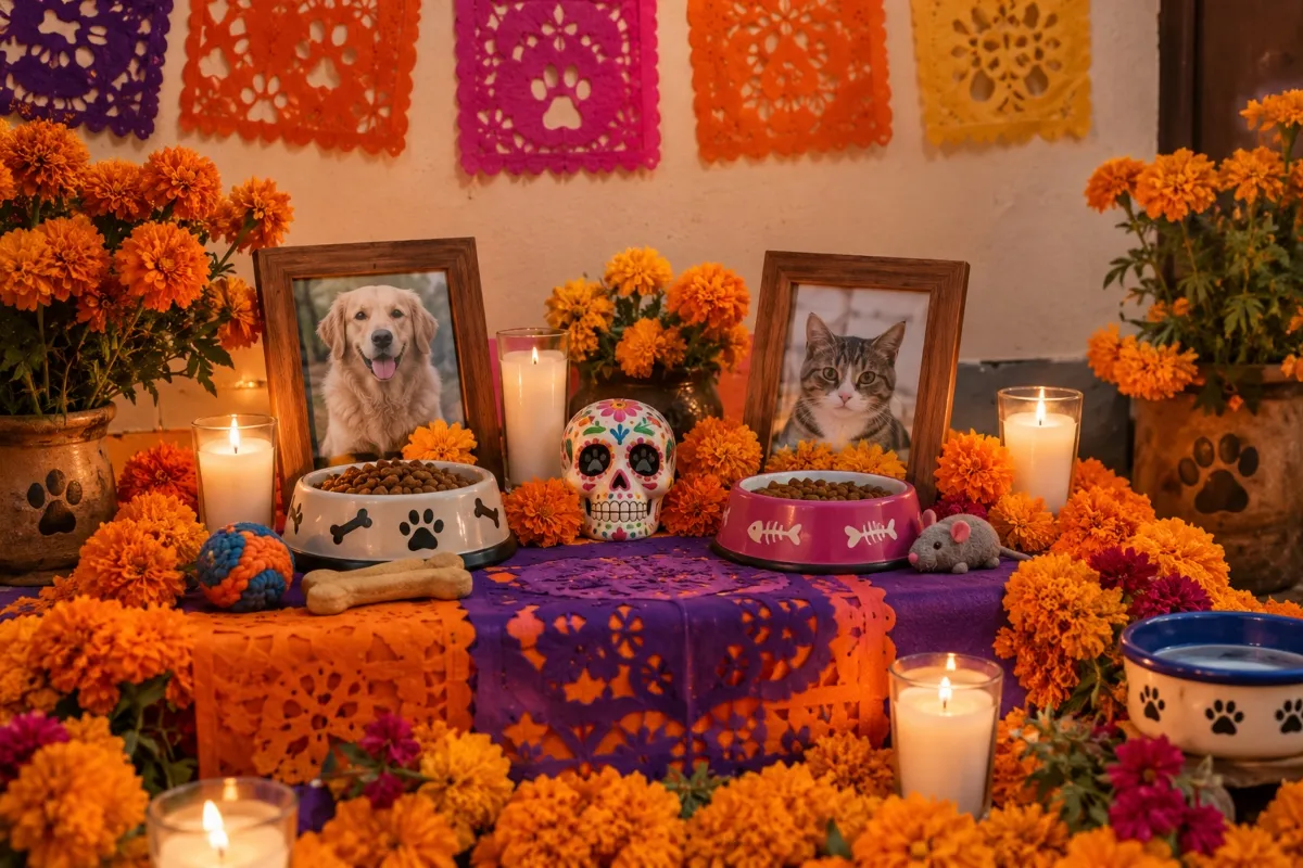 Una ofrenda de día de muertos para mascotas. en la mesa hay una foto de un perro y otra de un gato, rodeadas de cempasúchil, veladoras, papel picado y dos platos con croquetas. 