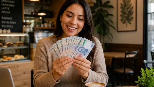 Una mujer en una cafetería, sostiene un fajo de billetes. El interior es color café con dos plantas.jpg