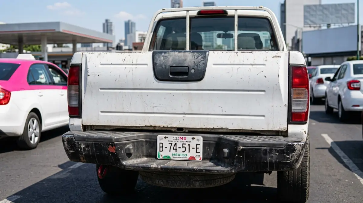 arte trasera de una camioneta pick-up blanca circulando en la Ciudad de México, con la defensa y la zona inferior del vehículo visibles.