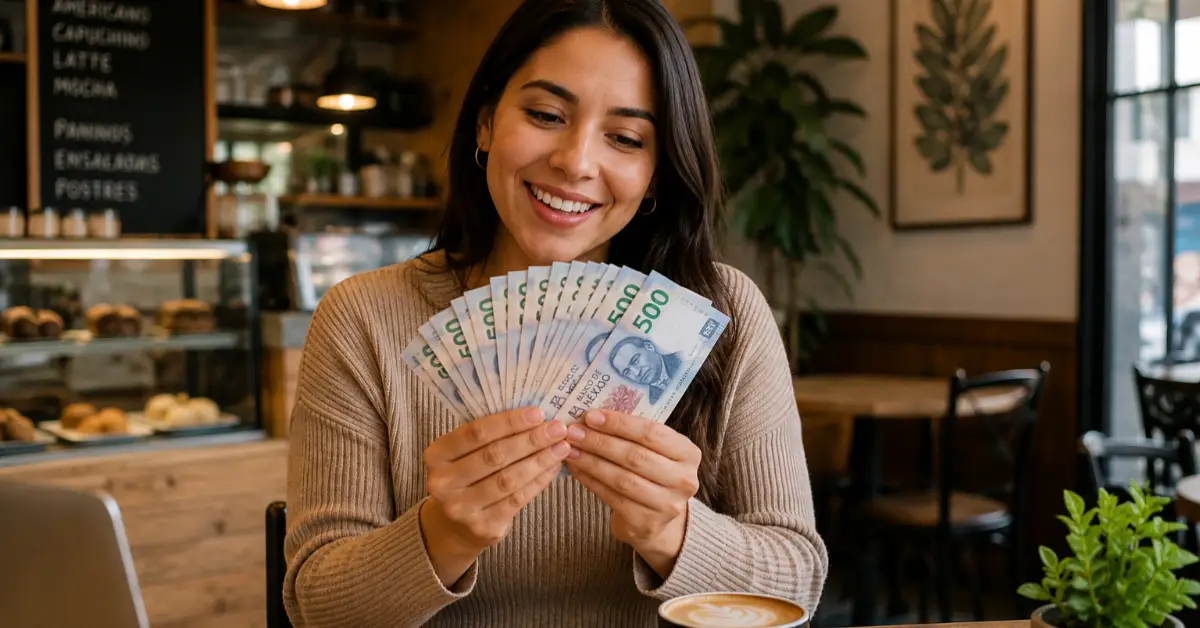 Una mujer en una cafetería, sostiene un fajo de billetes. El interior es color café con dos plantas.jpg