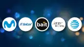 Logos de Movistar, Telcel, Bait, Izzi Móvil, AT&T en círculos, sobre un fondo azul con destellos amarillos y azules.